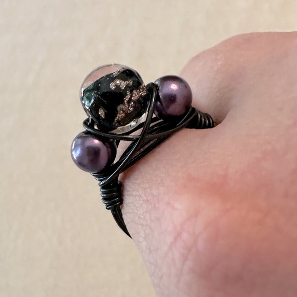 Handmade Wire Wrapped Ring Black Lampwork Glass Purple Pearls Metal Hand Done - Picture 8 of 9